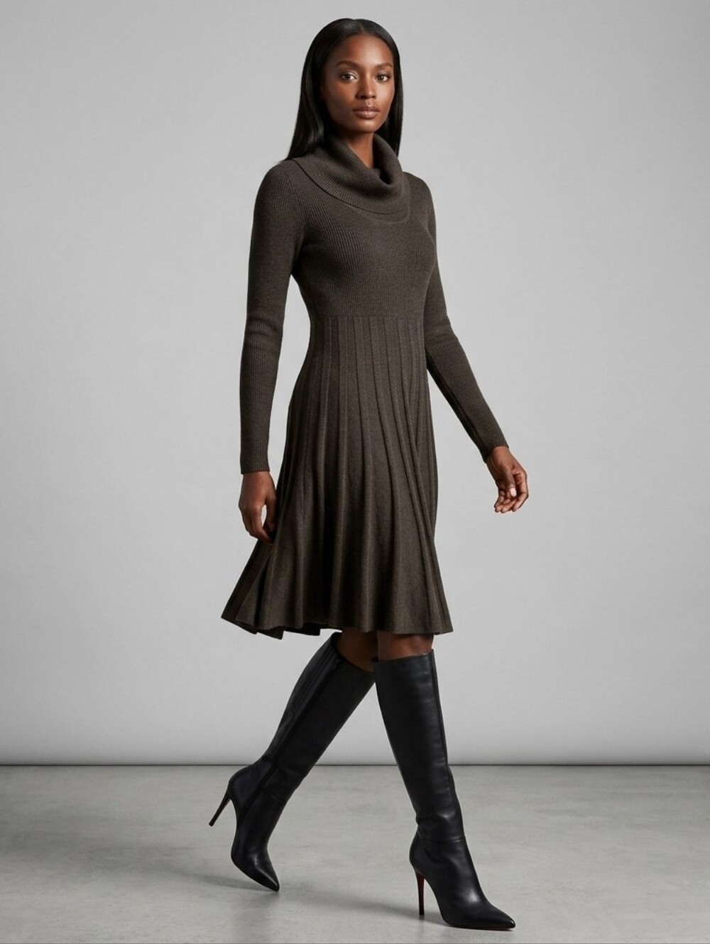 Calvin Klein brown sweater dress. Cowl neck. Faux line bottom. Conforms to body.